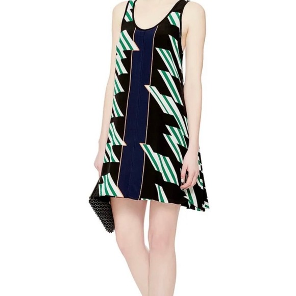 DEREK LAM 10 CROSBY Dress Womens 0 Black Green Geometric Print Silk Strappy Mini - Picture 1 of 16